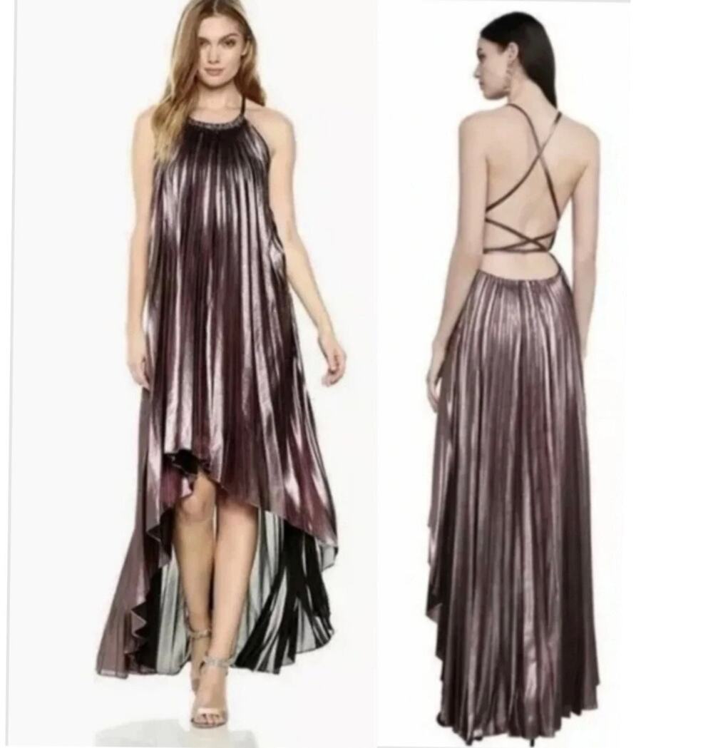 BCBG MAXAZRIA VALARIE Metallic Pleated Halter Gown Hi-Low Dress Size M NWT $368